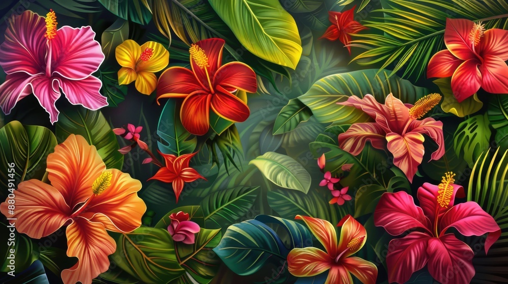Vibrant Tropical Hibiscus and Lush Leaves Pattern Vibrant Tropical Hibiscus and Lush Leaves Pattern