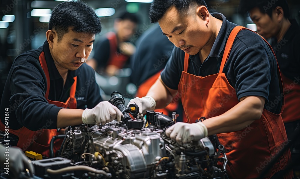 Two Men Repairing Engine in Factory Two Men Repairing Engine in Factory