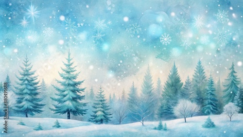 Soft serene abstract winter wonderland scene featuring gentle snowfall and subtle sky patterns on light blue textured watercolor paper.