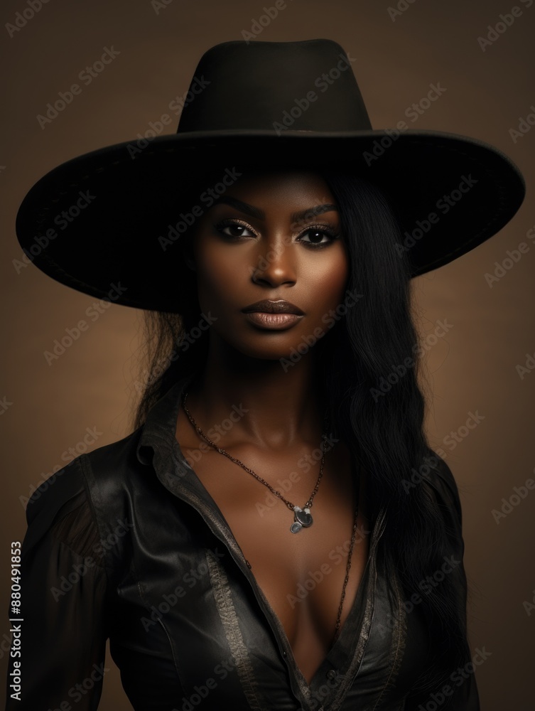 Elegant African American Woman Wearing Stylish Hat and Leather Jacket Elegant African American Woman Wearing Stylish Hat and Leather Jacket