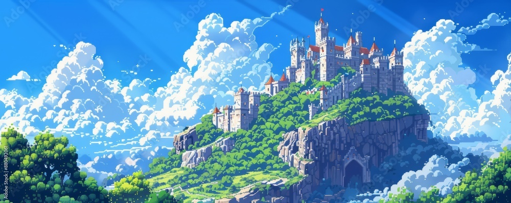 Fototapeta premium A pixel art rendition of a majestic castle perched atop a hill, its pixelated towers reaching towards the sky.