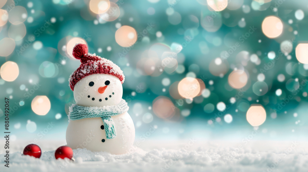 Snowman on a snowy surface with festive bokeh lights in the background, concept: holiday cheer and winter celebrations, suitable for greeting card businesses and holiday-themed marketing. Snowman on a snowy surface with festive bokeh lights in the background, concept: holiday cheer and winter celebrations, suitable for greeting card businesses and holiday-themed marketing.