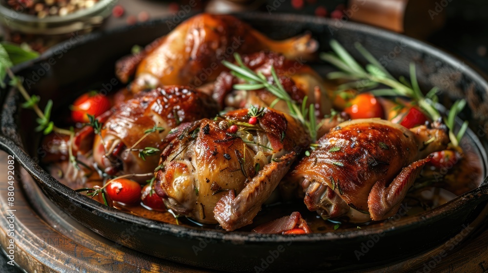 Tasty roasted quail with bacon and accompanying dish Tasty roasted quail with bacon and accompanying dish