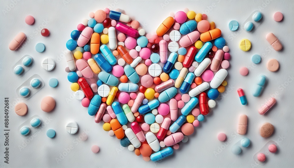 Colorful Pills and Capsules in Heart Shape on White Background. Colorful Pills and Capsules in Heart Shape on White Background.