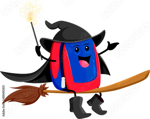 Cartoon Halloween school bag mage, wizard and witch character. Isolated vector whimsical backpack, donned in a warlock costume with a pointed hat, waves a wand while joyfully riding a broomstick