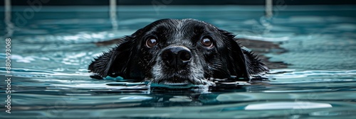 Black Dog Swimming. Close-up Portrait of Black Dog Paddling and Enjoying Refreshing Blue Water