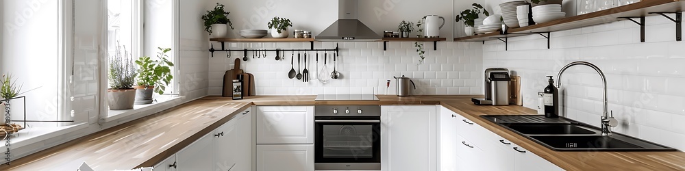 A Scandinavian-inspired kitchen with white walls, wooden countertops, and minimalistic decor elements, emphasizing simplicity and functionality. A Scandinavian-inspired kitchen with white walls, wooden countertops, and minimalistic decor elements, emphasizing simplicity and functionality.