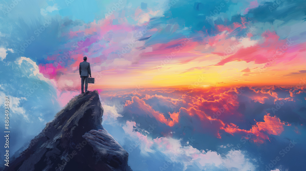 Obraz premium Business Person Standing on Mountain Peak Painting. Realistic painting of a business person standing on the peak of a mountain, overlooking a vibrant, colorful sky at sunrise.