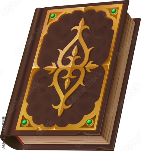 Medieval game book and ancient magic spellbook of Halloween witch or fairy tale wizard, game UI. Vector old parchment paper spell book with gold ornaments and gems on vintage brown leather cover