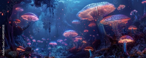 A subterranean realm of glowing mushrooms and bioluminescent creatures, hidden deep beneath the earth's surface.