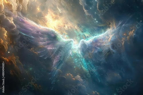 ethereal being of pure light emerging from swirling cosmic clouds iridescent wings spanning galactic distances celestial radiance spiritual awakening metaphor © furyon
