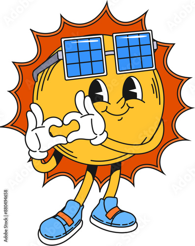 Retro groovy sun space character. Isolated cartoon vector sunny personage with joyful positive smile, solar panel sunglasses and vibrant rays, exude summer warmth and happiness heart shaped gesture