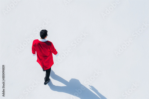 confident male Singapore Polytechnic chemical science student in red stylish lab coat walking in pure white background