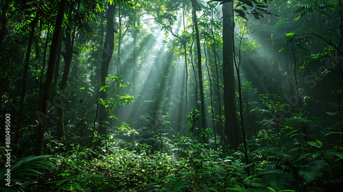 Tranquil Carbon Sequestration: Lush Forestscape with Towering Trees for Environmental Conservation Concepts and Text Overlays