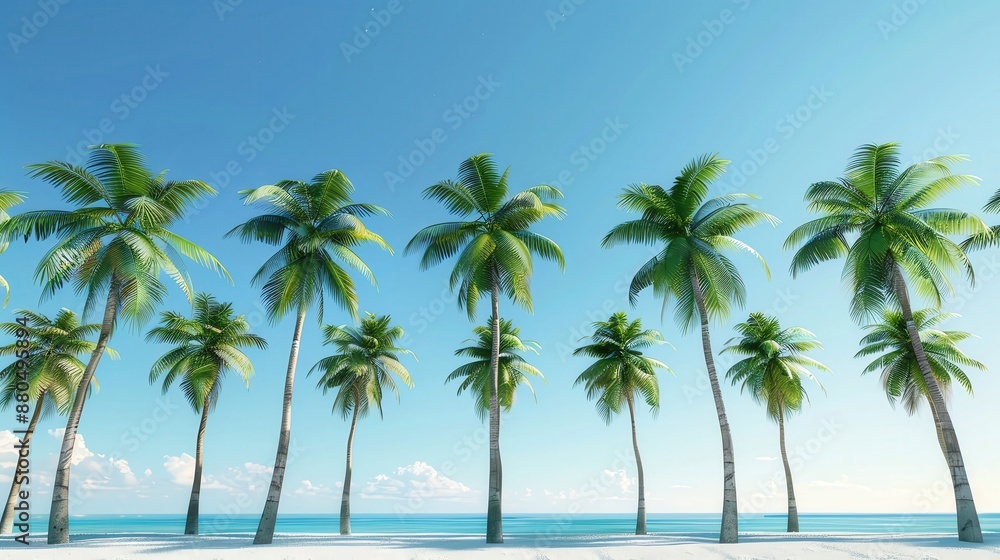 Serene beach landscape with tall palm trees swaying in a gentle breeze against a clear blue sky Serene beach landscape with tall palm trees swaying in a gentle breeze against a clear blue sky