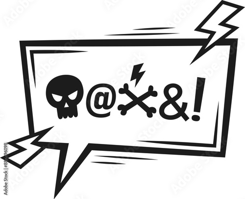 Comic swear speech bubble. Hate angry talk, aggressive expletive curse. Isolated vector intense emotion, frustration, profanity or anger, dialogue cloud with skull and bolts, cuss, rude bully message
