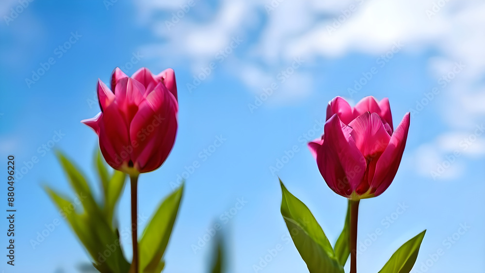 Fototapeta premium Pink flowers close-up sky and clouds on background, wallpaper