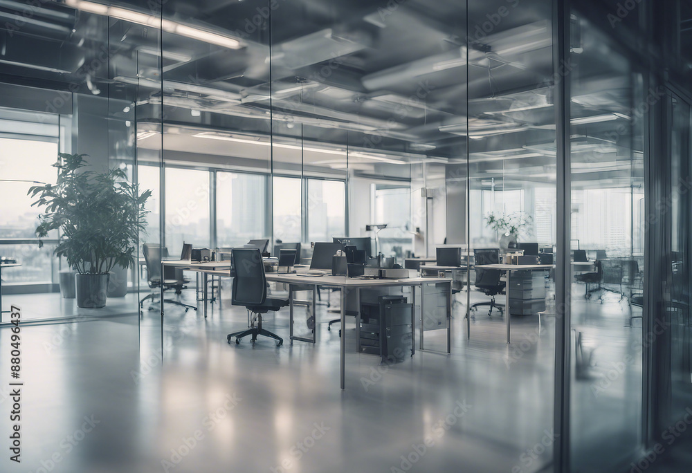 A blurred bright office background with glass walls ergonomic chairs and open desks creating a spaci A blurred bright office background with glass walls ergonomic chairs and open desks creating a spaci