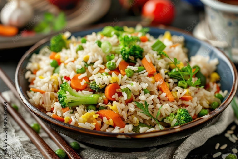 colorful vegetable fried rice on a rustic plate rich textures and vibrant ingredients create an appetizing comforting asianinspired dish colorful vegetable fried rice on a rustic plate rich textures and vibrant ingredients create an appetizing comforting asianinspired dish