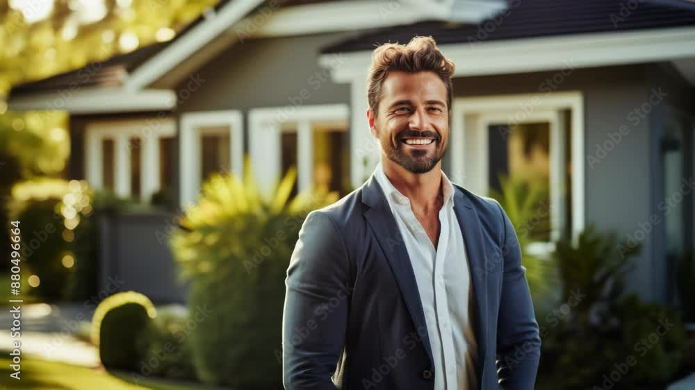 Successful businessman smiling confidently outside modern suburban home, celebrating achievement and balanced lifestyle, sunny day, embodying professional and personal fulfillment Successful businessman smiling confidently outside modern suburban home, celebrating achievement and balanced lifestyle, sunny day, embodying professional and personal fulfillment