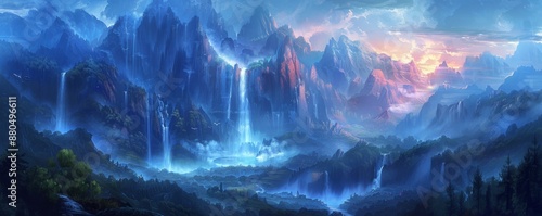 A surreal landscape where waterfalls flow upwards and gravity seems to be defied, challenging our perceptions of reality and the laws of nature.