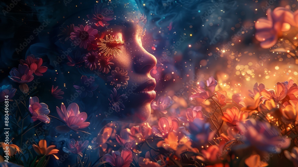 A watercolor-style silhouette of a face with chakra points glowing in vibrant colors, set in a tranquil garden. The face is stylized and abstract A watercolor-style silhouette of a face with chakra points glowing in vibrant colors, set in a tranquil garden. The face is stylized and abstract