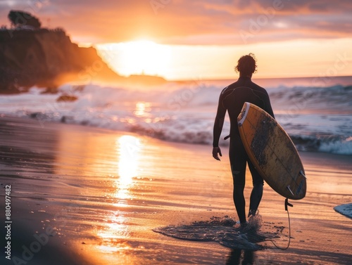 A surfer in a wetsuit walks along the beach at sunset, carrying a surfboard, with waves crashing nearby photo