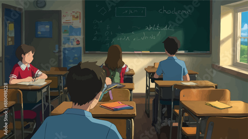 UntitledVintage-style classroom with students focused on a teacher giving a lecture in front of a chalkboard. AIG41