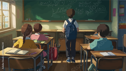 UntitledVintage-style classroom with students focused on a teacher giving a lecture in front of a chalkboard. AIG41
