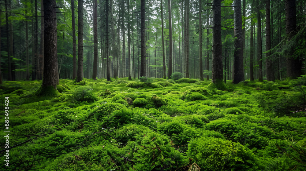Mossy forest floor with vibrant green moss covering the ground. Mossy forest floor with vibrant green moss covering the ground.