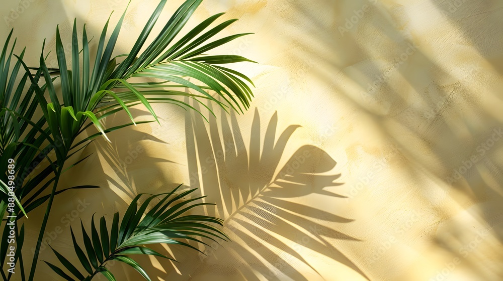 Sunlit Palm Leaves Casting Shadows on a Yellow Wall Sunlit Palm Leaves Casting Shadows on a Yellow Wall