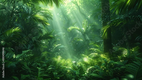 Lush green rainforest with sunlight filtering through dense foliage, creating a serene and vibrant natural landscape.