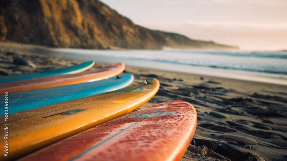 A row of colorful surfboards lies on the beach at sunrise, with the ocean and cliffs in the background A row of colorful surfboards lies on the beach at sunrise, with the ocean and cliffs in the background