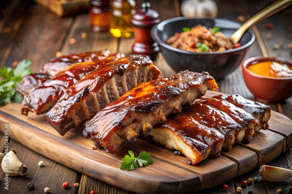 Grilled pork ribs in gravy. On a rustic wooden table. Grilled pork ribs in gravy. On a rustic wooden table.