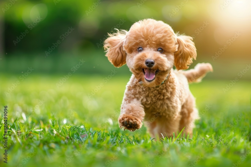 A happy light brown poodle puppy runs playfully towards the camera in a beautiful green field. A happy light brown poodle puppy runs playfully towards the camera in a beautiful green field.