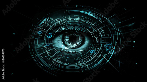 Wallpaper Mural A close up of a blue eye with a black background. The eye is surrounded by a circle of lines and dots, giving it a futuristic and digital appearance Torontodigital.ca