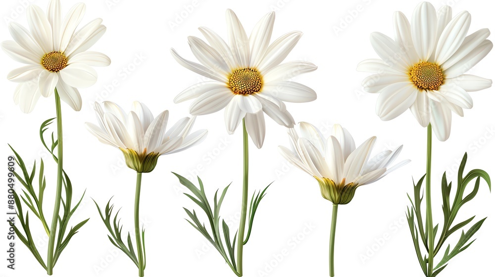 Five White Daisies with Green Stems Isolated on White. Five White Daisies with Green Stems Isolated on White.