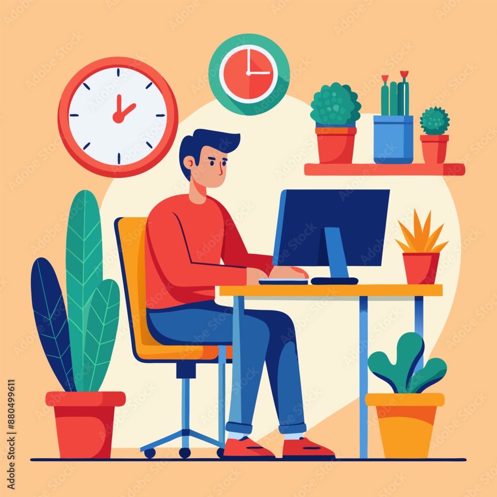 Young man working on computer, Businessman sitting on a red chair behind the office Desk with a cactus, wall clock. Cool vector flat illustration character design isolated on white background Young man working on computer, Businessman sitting on a red chair behind the office Desk with a cactus, wall clock. Cool vector flat illustration character design isolated on white background