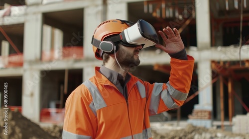 Engineer using vr headset at active construction site experiencing virtual reality for innovative building planning and design photo