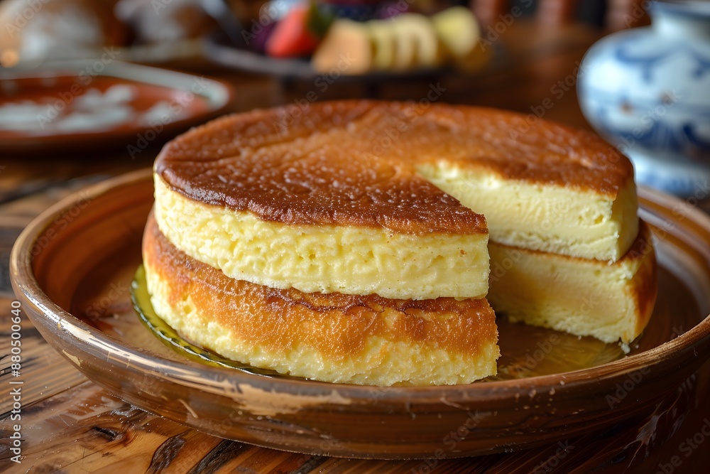 Fluffy Japanese Cheesecake on a Wooden Table Fluffy Japanese Cheesecake on a Wooden Table