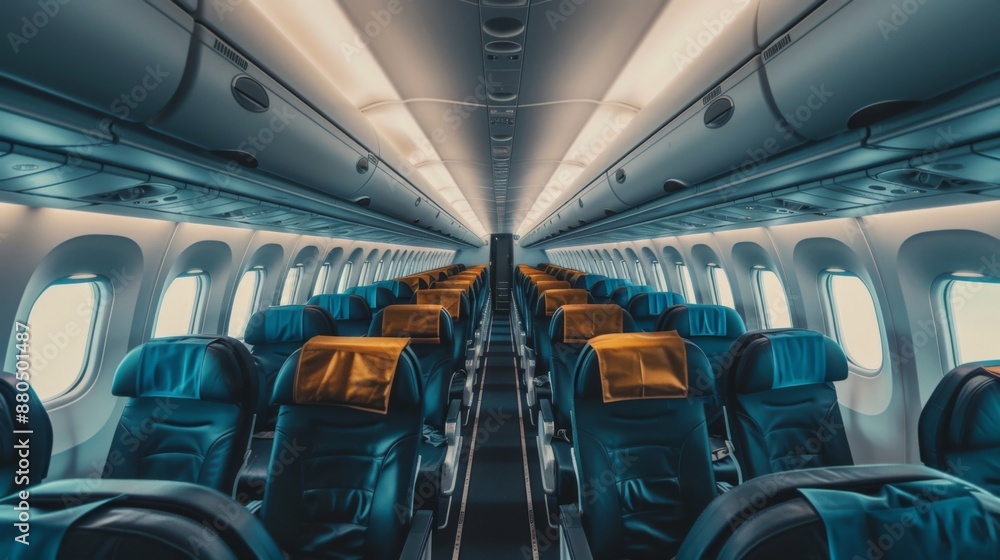 Fototapeta premium Airplane interior of commercial passenger. Airplane cabin and aisle with empty seats inside of plane