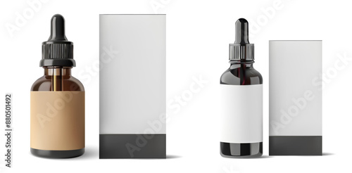 Contemporary Dropper Bottles with Neutral Color Labels Isolated on White for Beauty and Healthcare. Realistic cardboard packaging box mockup with dropper bottle vector illustration