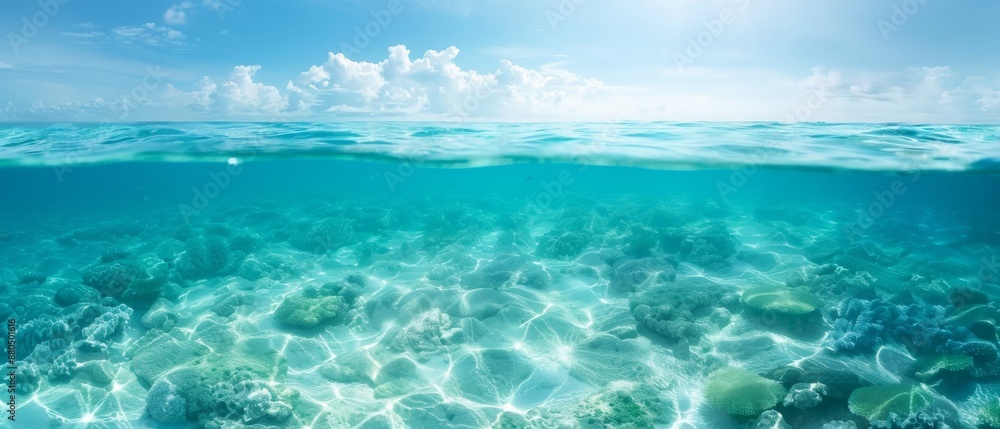 A breathtaking view of the turquoise ocean with clear water revealing the vibrant coral reef below, under a sunny sky. A breathtaking view of the turquoise ocean with clear water revealing the vibrant coral reef below, under a sunny sky.