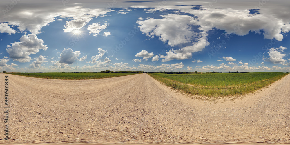 blue sky hdri 360 panorama with awesome clouds on gravel road among fields in spring day in equirectangular full seamless spherical projection, for VR AR content or skydome replacement blue sky hdri 360 panorama with awesome clouds on gravel road among fields in spring day in equirectangular full seamless spherical projection, for VR AR content or skydome replacement