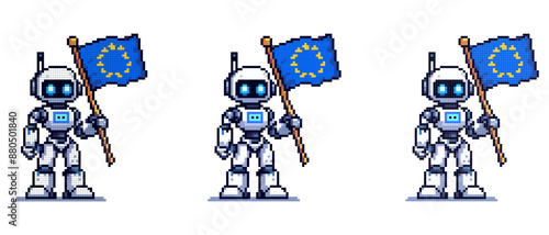 Vector pixel robot with a flag. Illustrates technology, robotics and European identity in a playful retro style.