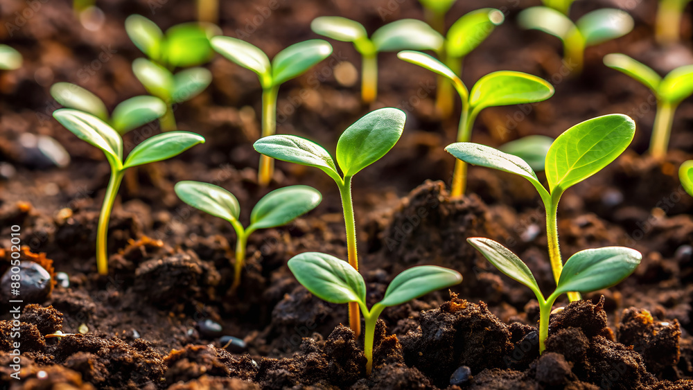 Young green seedlings breaking through the soil, generative ai Young green seedlings breaking through the soil, generative ai