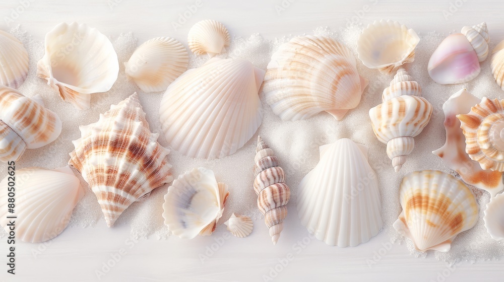 A collection of various seashells neatly arranged on a white surface, showcasing their unique textures and patterns in soft pastel colors. A collection of various seashells neatly arranged on a white surface, showcasing their unique textures and patterns in soft pastel colors.