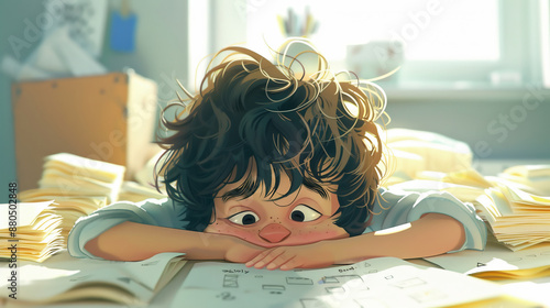  Cute Little Boy Messy Hair Desk, Stacks Of Papers And Documents, Pain Or Despair Illustration Style, Cartoonish, Character
