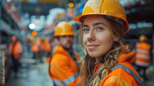 A confident young woman wearing a hard hat and orange safety jacket, looks towards the camera, standing amidst other workers on a construction site, exuding professionalism.