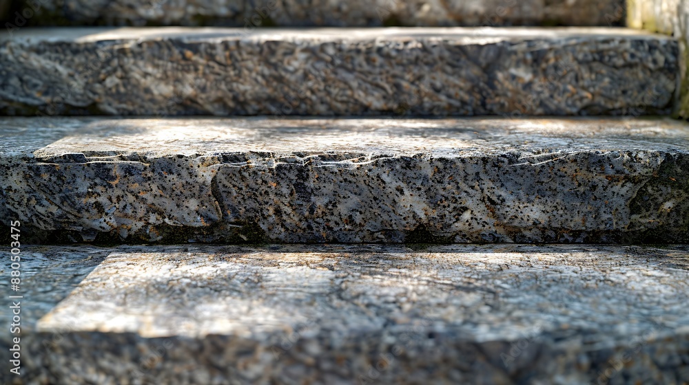 Detailed shot of granite stair treads, featuring the fine grain and chipped edges of old stone, highlighted by natural lighting and shadows. Detailed shot of granite stair treads, featuring the fine grain and chipped edges of old stone, highlighted by natural lighting and shadows.